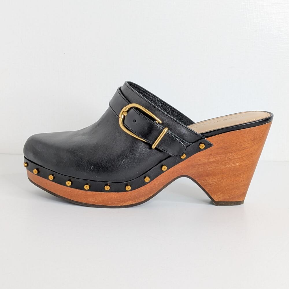 Veronica Beard Hendrix Mules 9 Black Leather Gold Buckle Designer Slides VGC